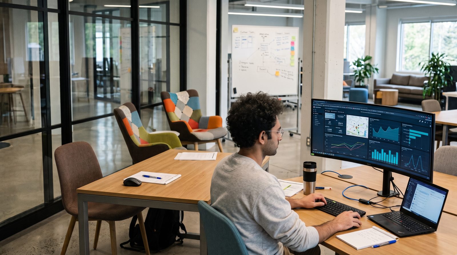 Analyst reviewing a department dashboard with maps and charts