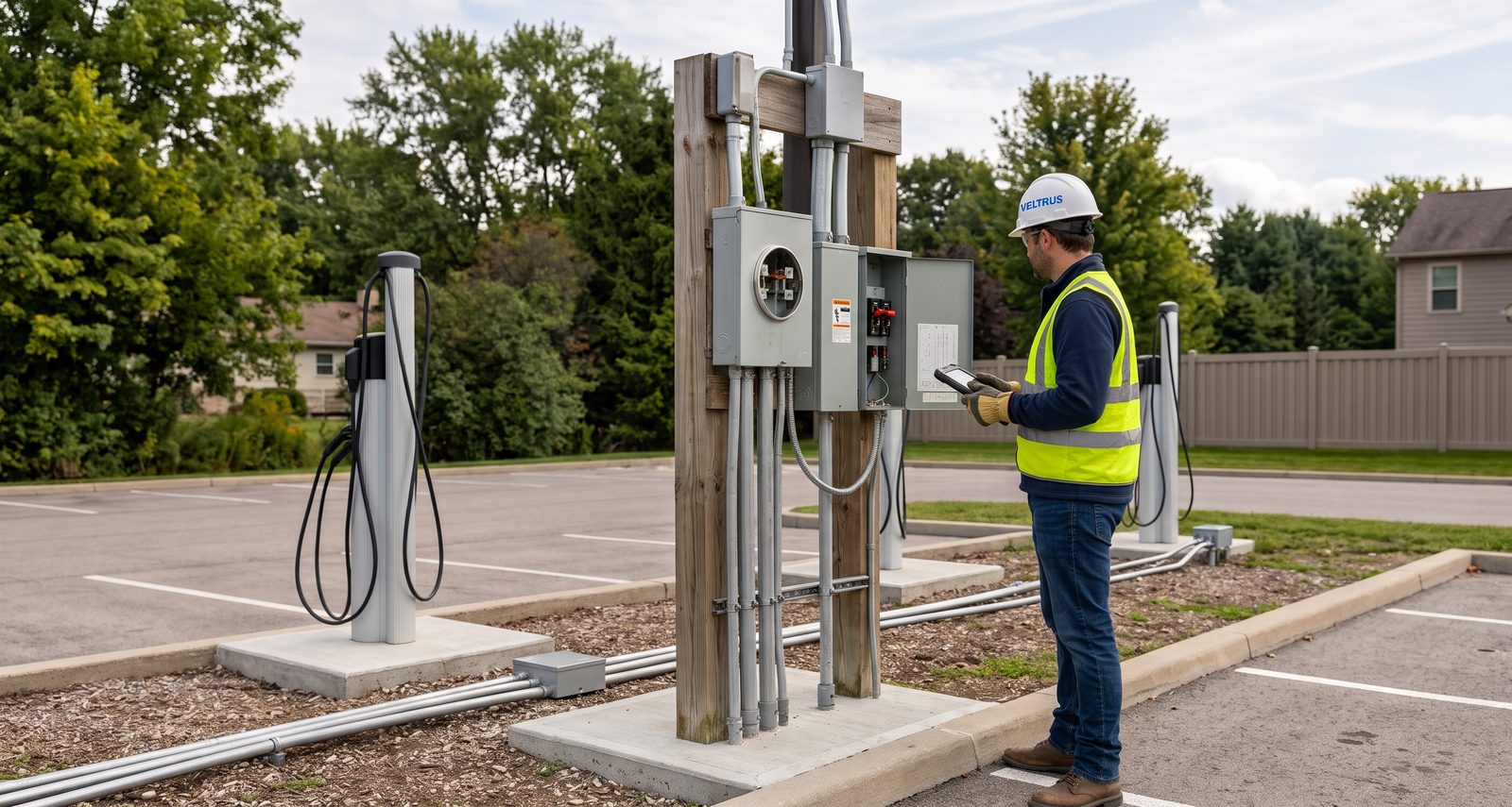 Engineer checking the meter and service panel at an EV charging site