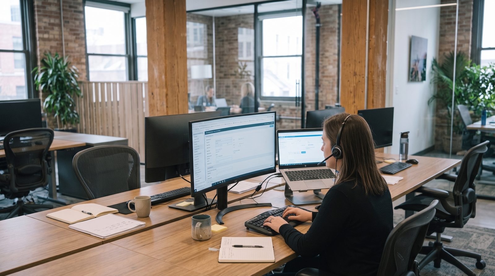 Intake coordinator on a headset working service requests at her desk