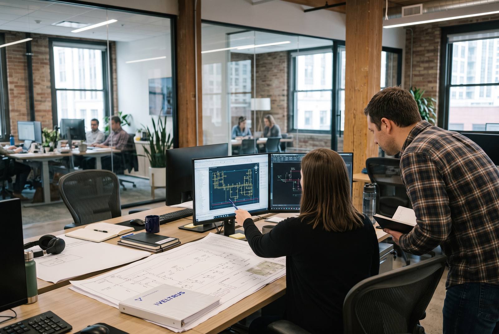 Engineers reviewing drawings and forecasts in the office