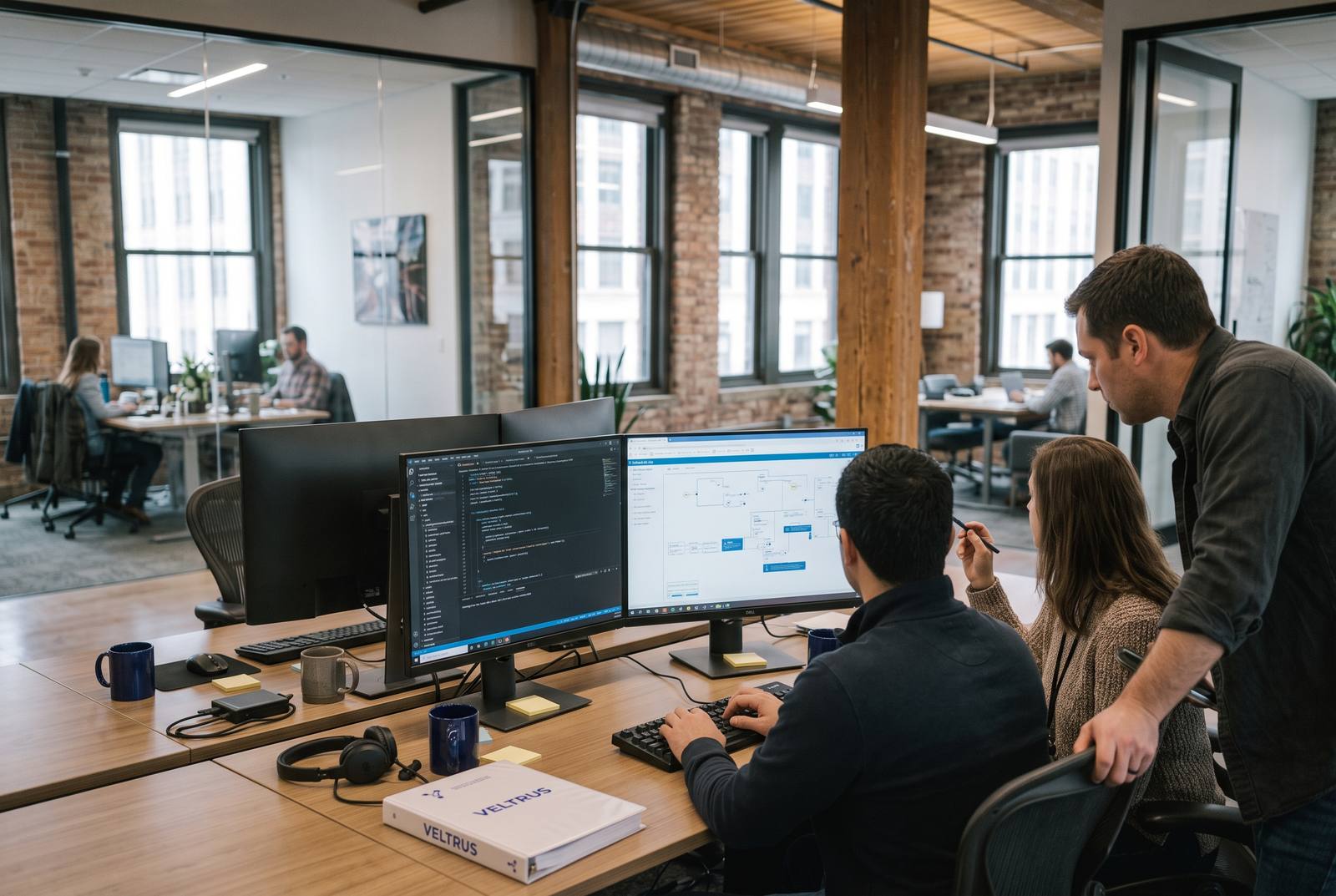 Billing team working the backlog at a shared screen